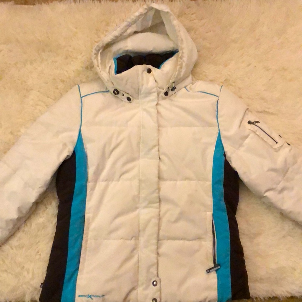 White with blue and brown detailing Winter Jacket